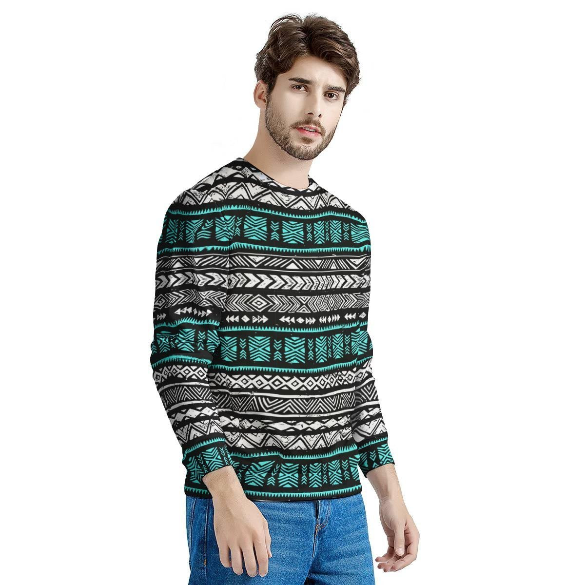 White and Turquoise Tribal Navajo Hand Drawn Men's Sweatshirt-grizzshop