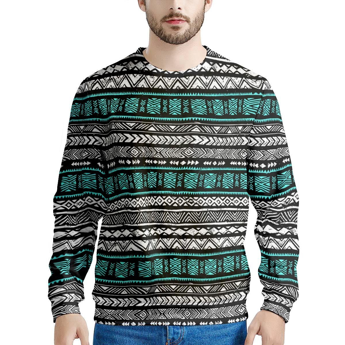 White and Turquoise Tribal Navajo Hand Drawn Men's Sweatshirt-grizzshop