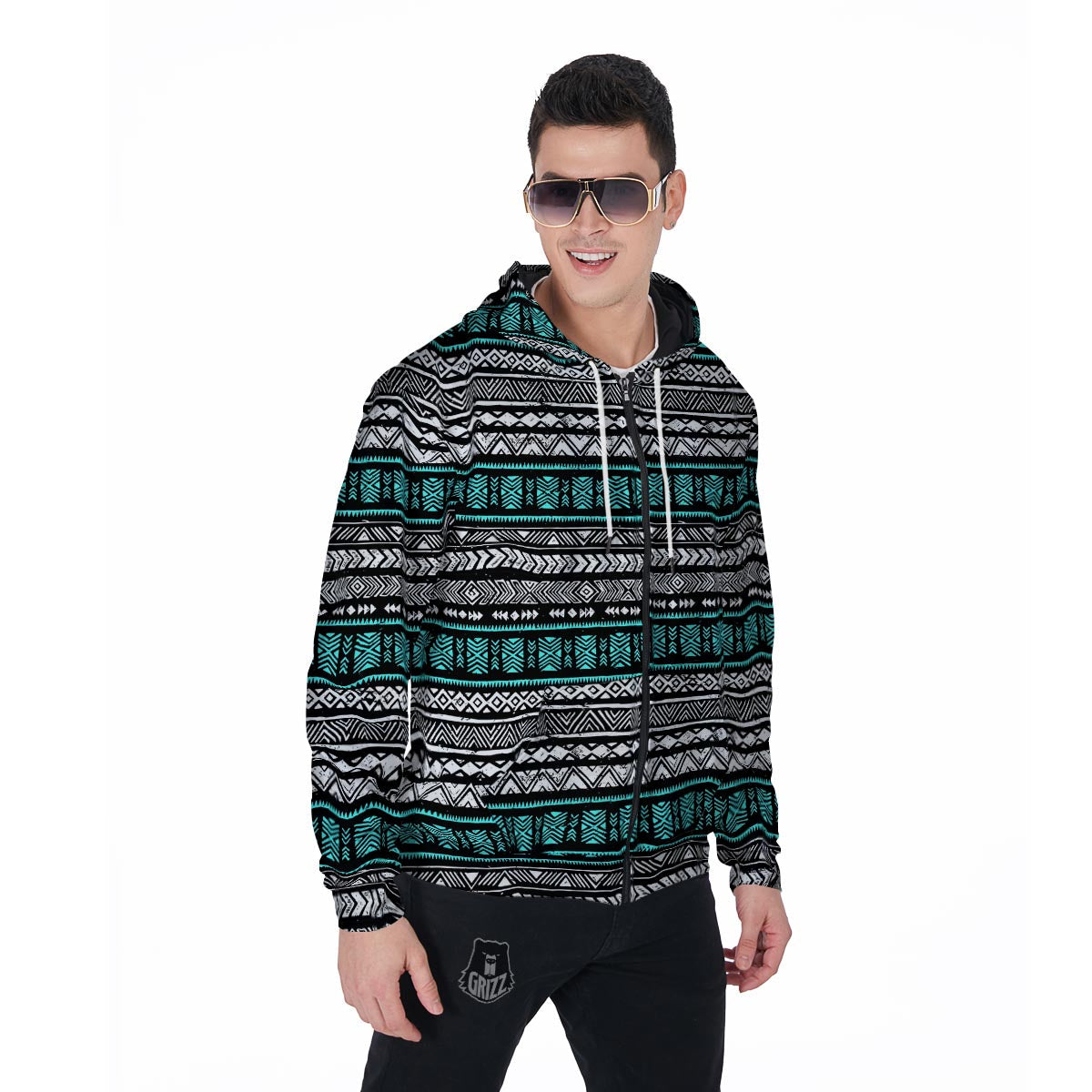 White and Turquoise Tribal Navajo Hand Drawn Men's Zip Up Hoodie-grizzshop