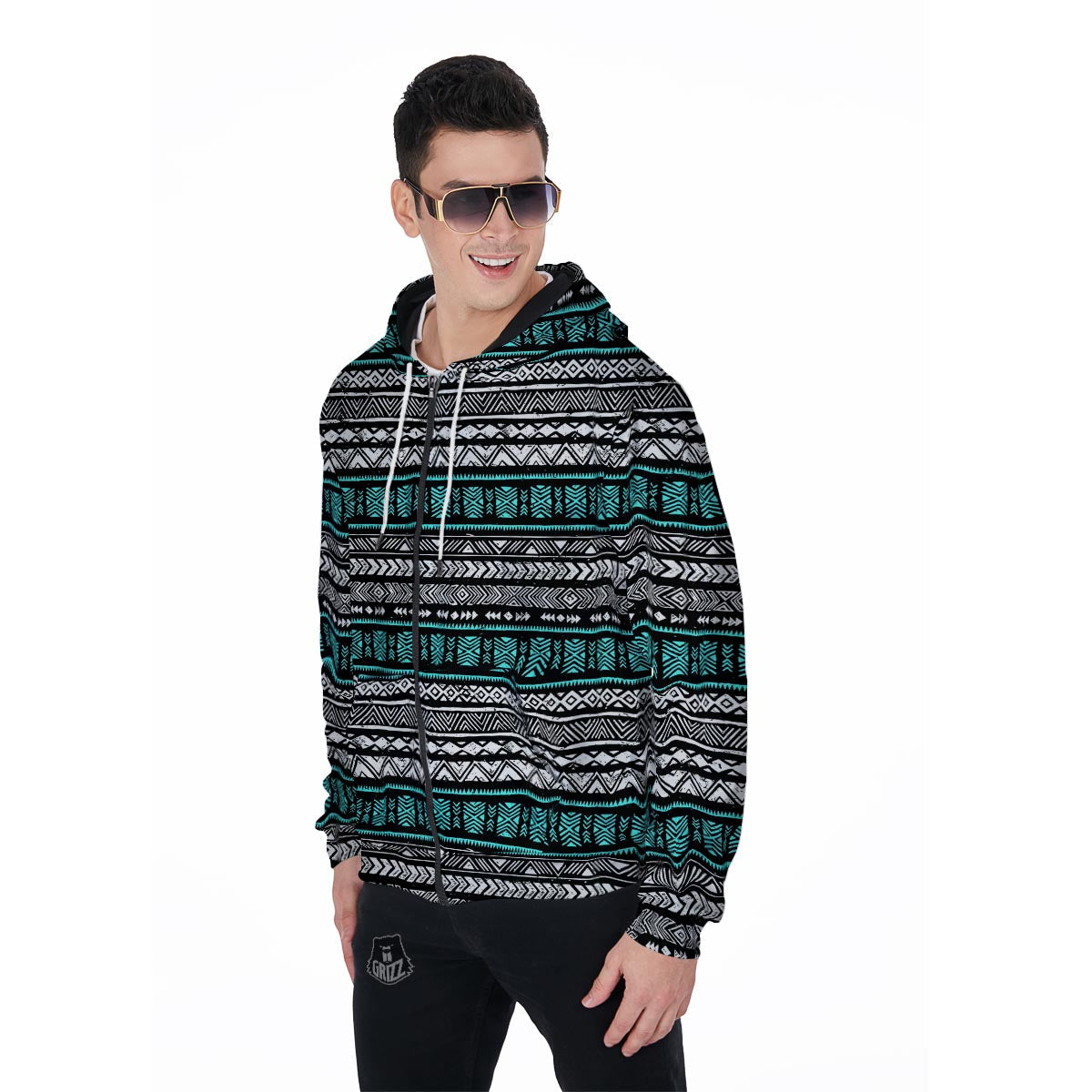 White and Turquoise Tribal Navajo Hand Drawn Men's Zip Up Hoodie-grizzshop