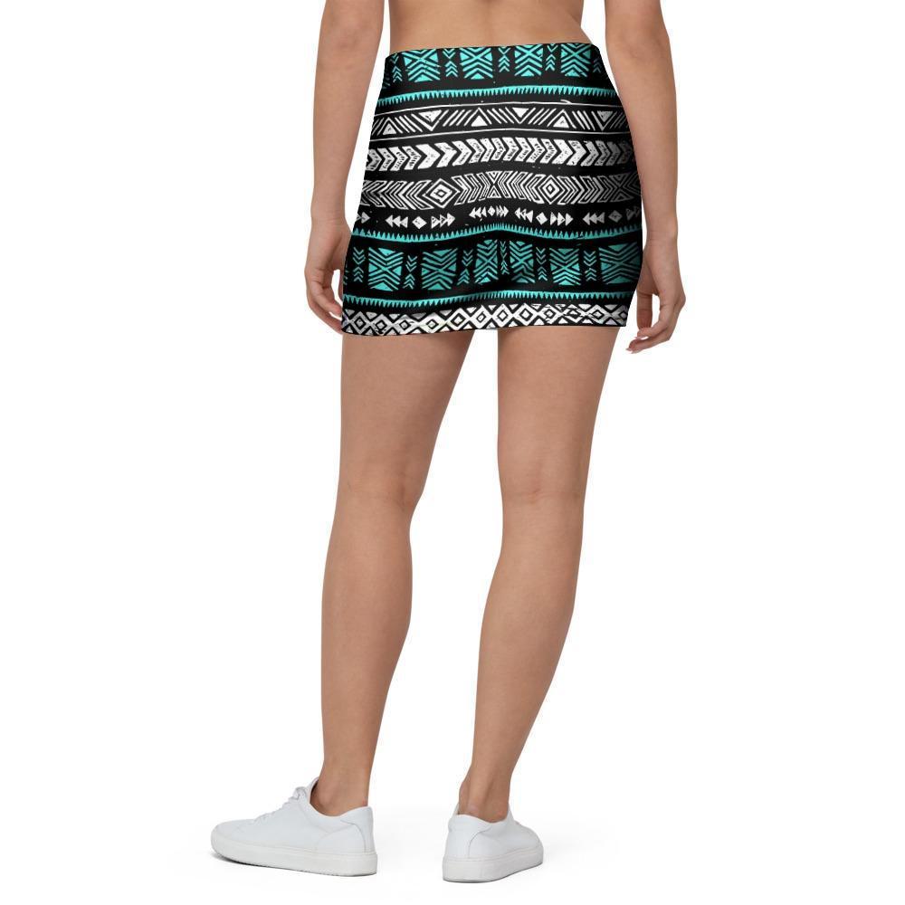 White and Turquoise Tribal Navajo Hand Drawn Mini Skirt-grizzshop