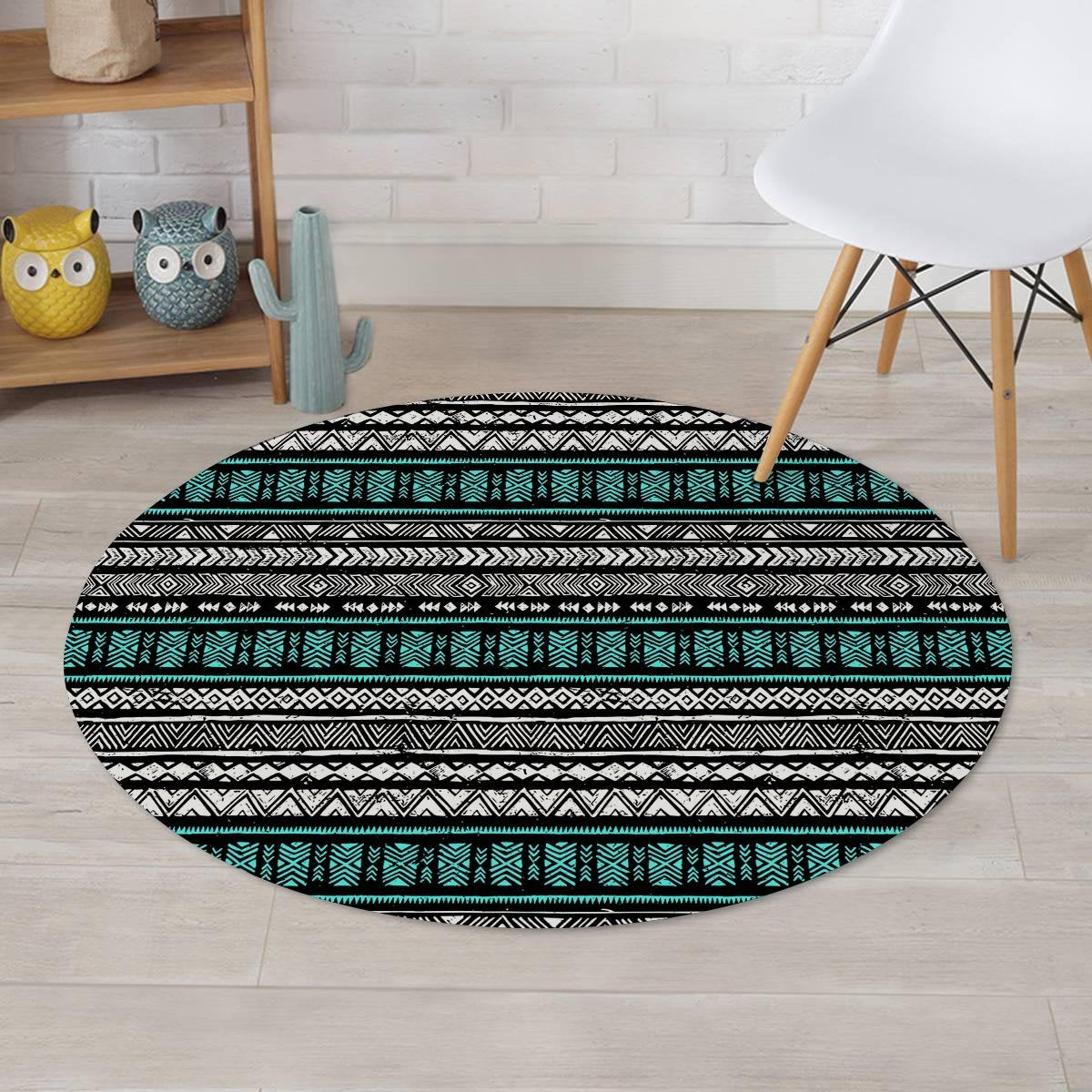 White and Turquoise Tribal Navajo Hand Drawn Round Rug-grizzshop