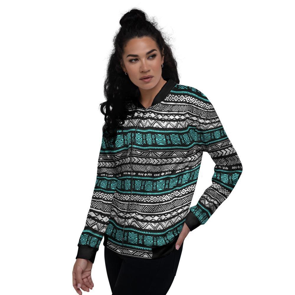 White and Turquoise Tribal Navajo Hand Drawn Women's Bomber Jacket-grizzshop