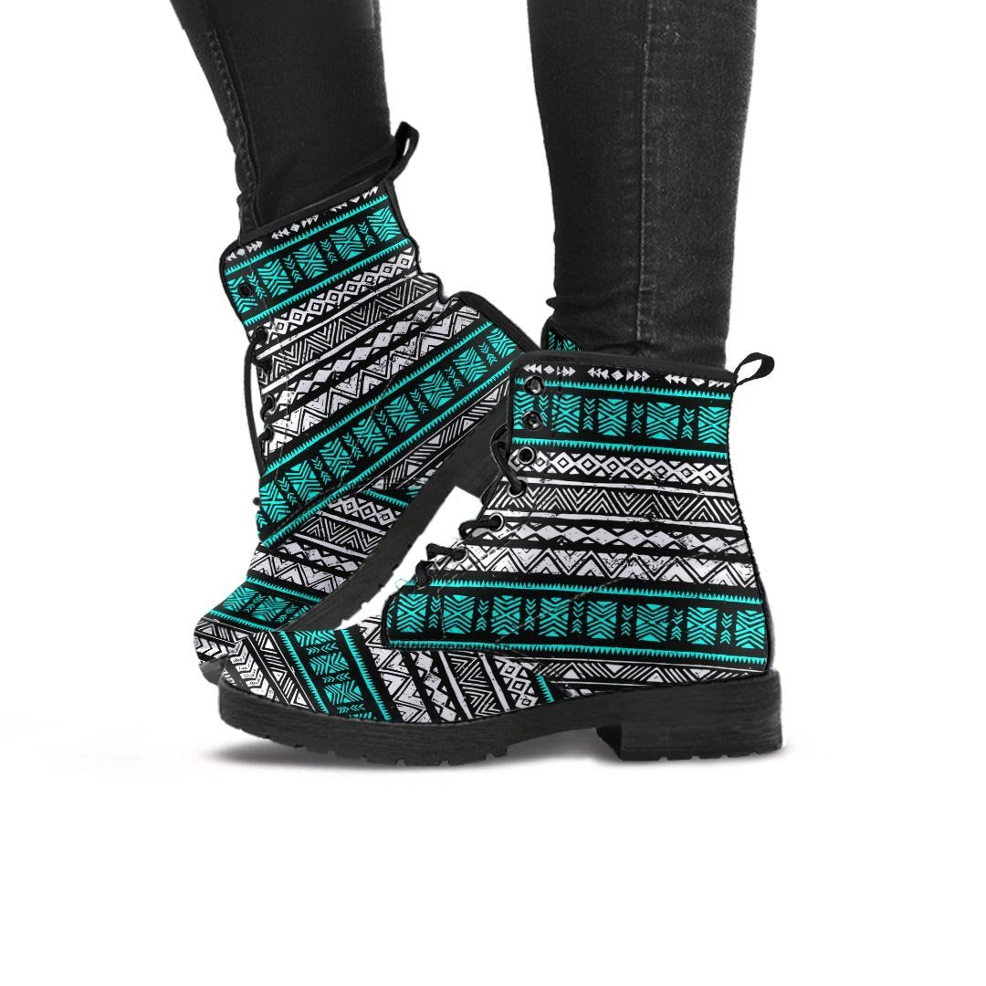 White and Turquoise Tribal Navajo Hand Drawn Women's Boots-grizzshop