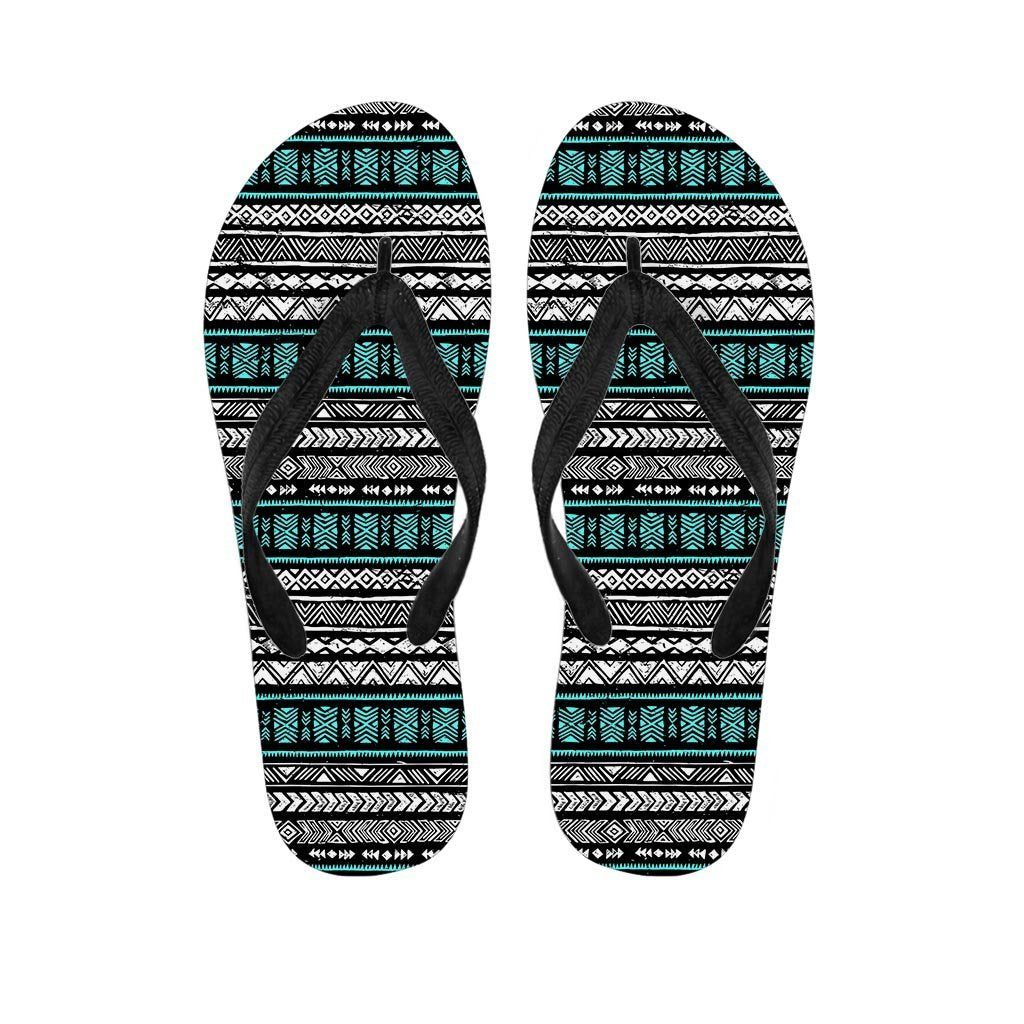 White and Turquoise Tribal Navajo Hand Drawn Women's Flip Flops-grizzshop