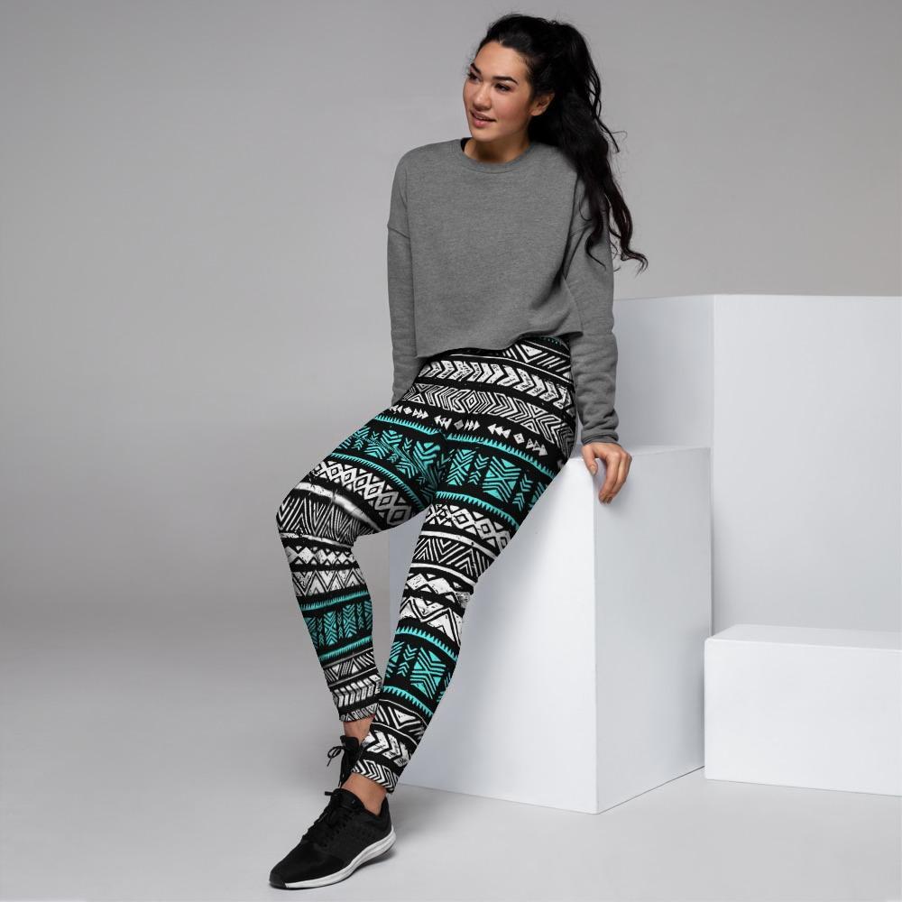 White and Turquoise Tribal Navajo Hand Drawn Women's Joggers-grizzshop
