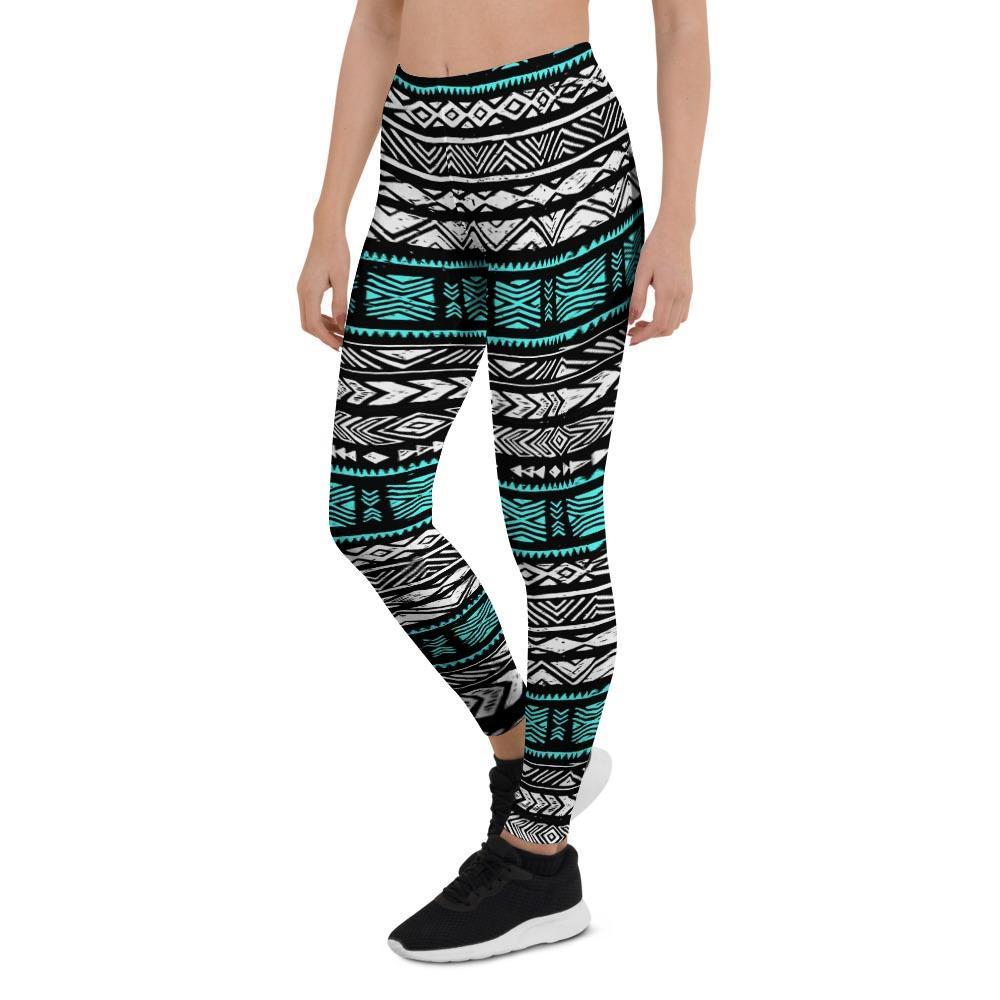 White and Turquoise Tribal Navajo Hand Drawn Women's Leggings-grizzshop