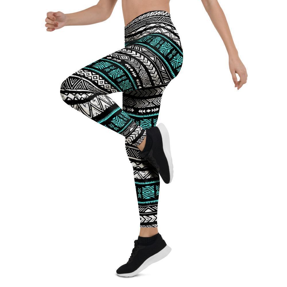 White and Turquoise Tribal Navajo Hand Drawn Women's Leggings-grizzshop