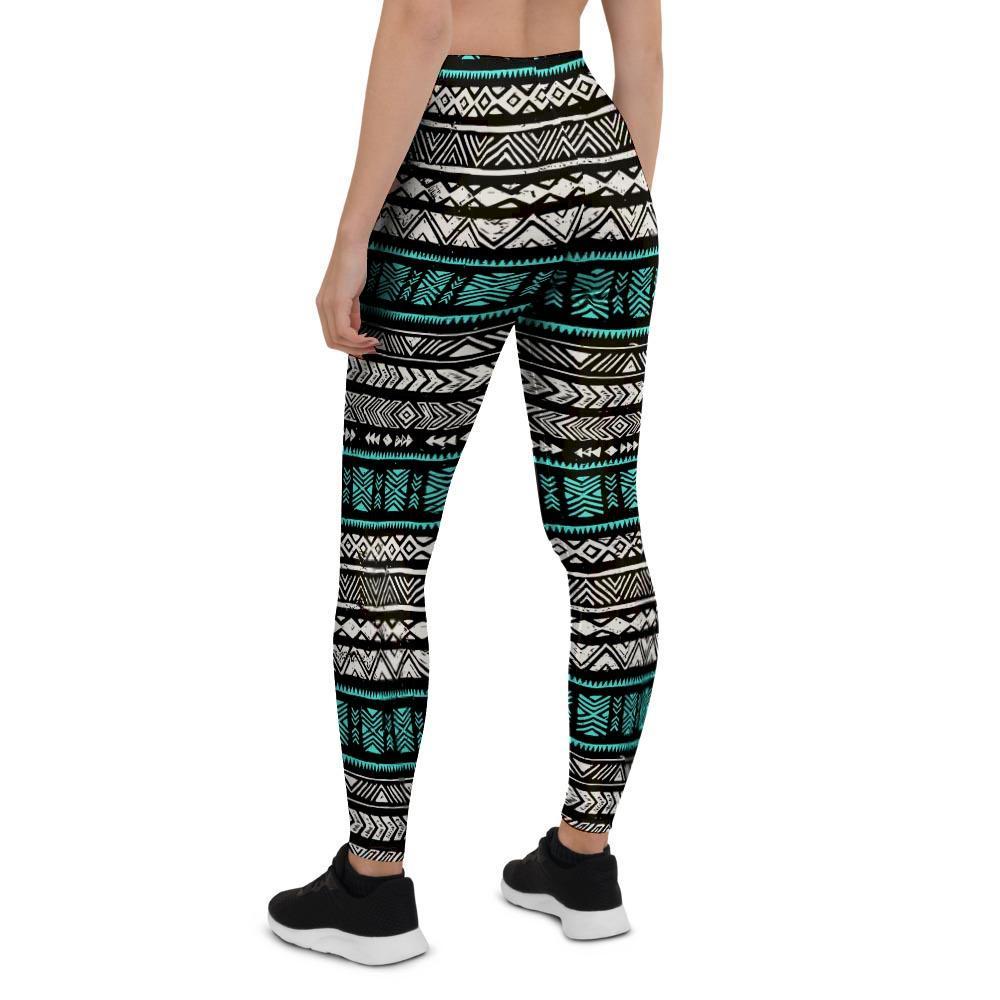 White and Turquoise Tribal Navajo Hand Drawn Women's Leggings-grizzshop