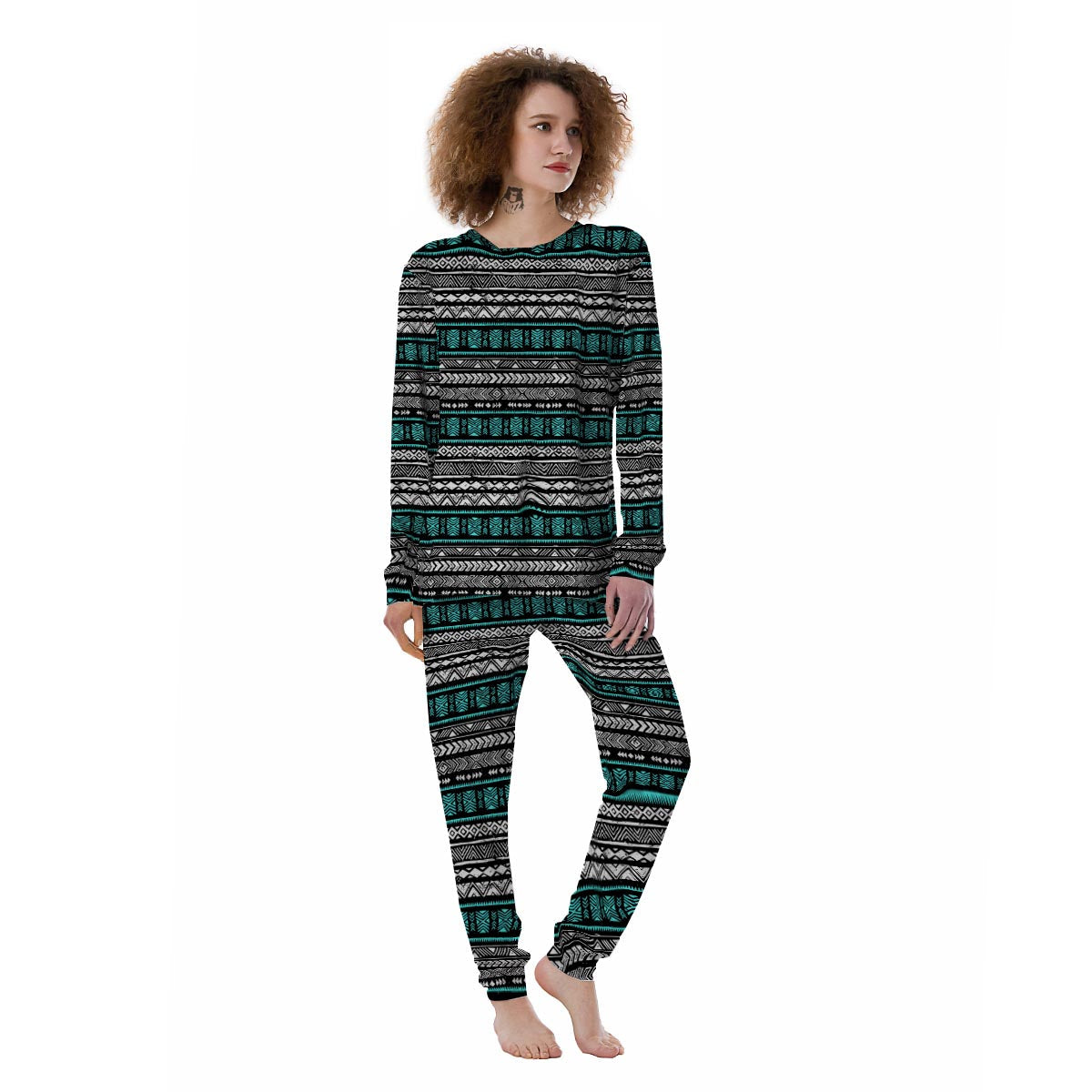 White and Turquoise Tribal Navajo Hand Drawn Women's Pajamas-grizzshop