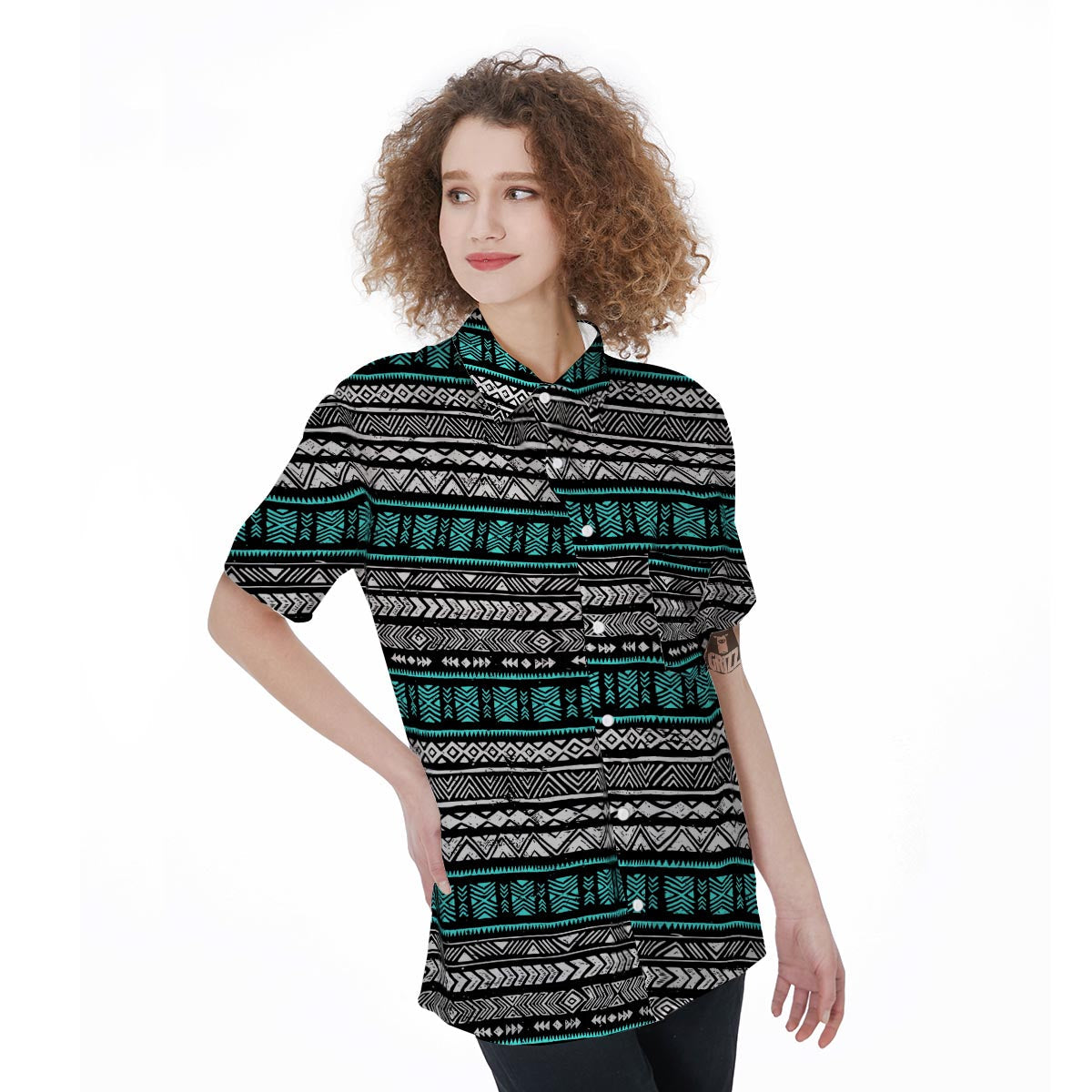 White and Turquoise Tribal Navajo Hand Drawn Women's Short Sleeve Shirts-grizzshop