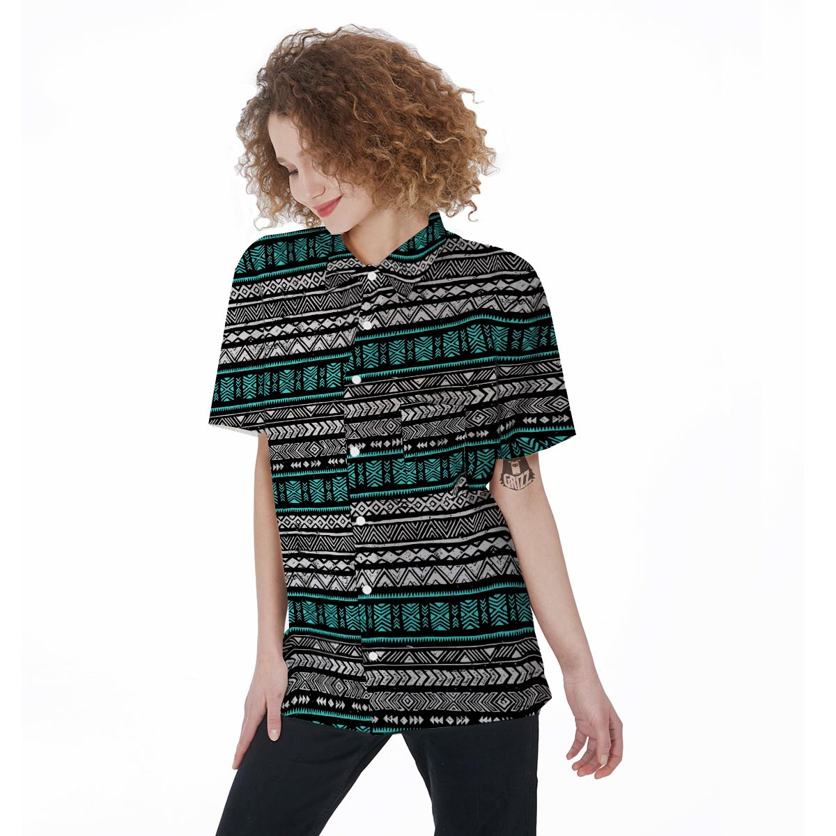 White and Turquoise Tribal Navajo Hand Drawn Women's Short Sleeve Shirts-grizzshop