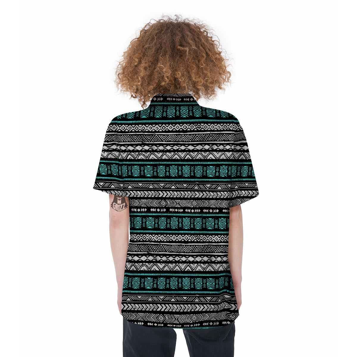 White and Turquoise Tribal Navajo Hand Drawn Women's Short Sleeve Shirts-grizzshop