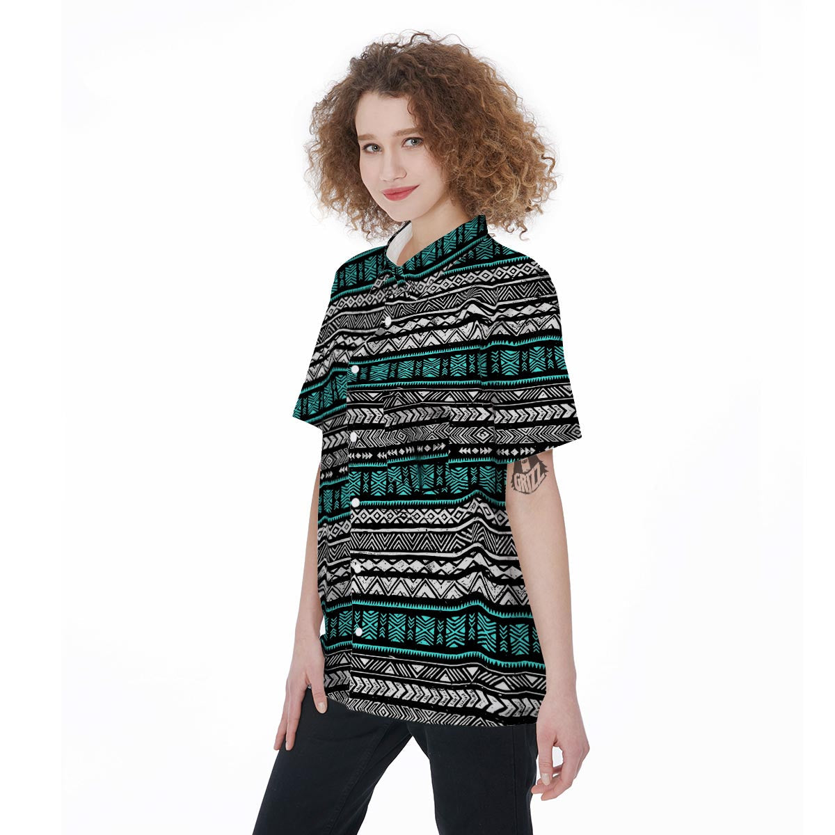 White and Turquoise Tribal Navajo Hand Drawn Women's Short Sleeve Shirts-grizzshop