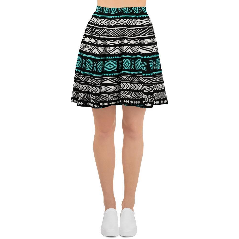 White and Turquoise Tribal Navajo Hand Drawn Women's Skirt-grizzshop