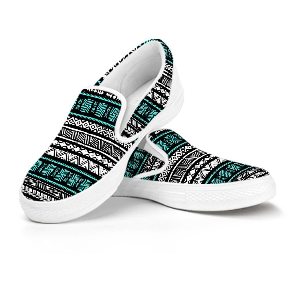 White and Turquoise Tribal Navajo Hand Drawn Women's Slip On Sneakers-grizzshop
