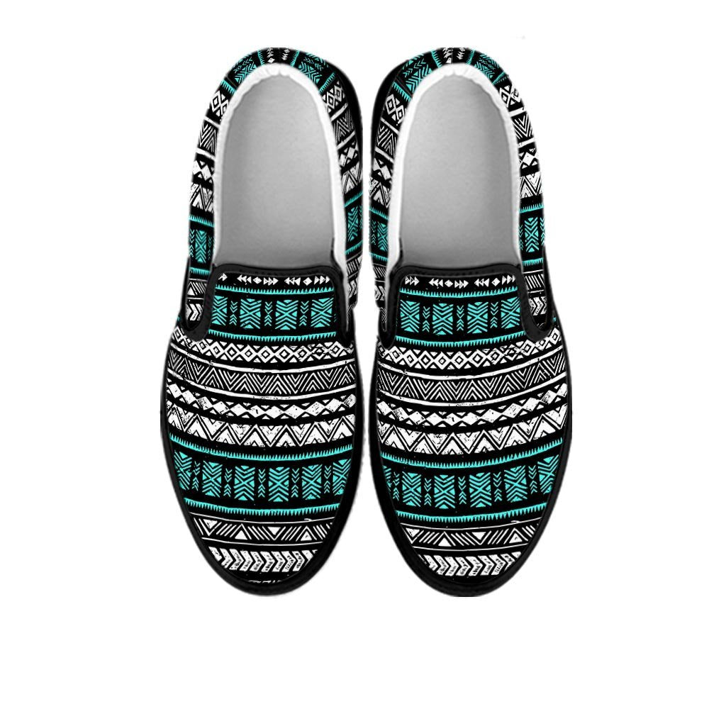 White and Turquoise Tribal Navajo Hand Drawn Women's Slip On Sneakers-grizzshop