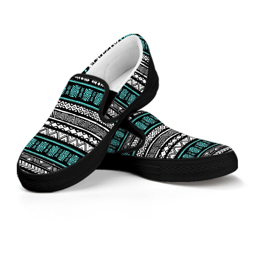 White and Turquoise Tribal Navajo Hand Drawn Women's Slip On Sneakers-grizzshop