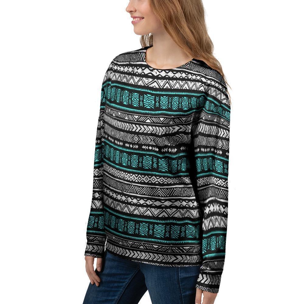 White and Turquoise Tribal Navajo Hand Drawn Women's Sweatshirt-grizzshop