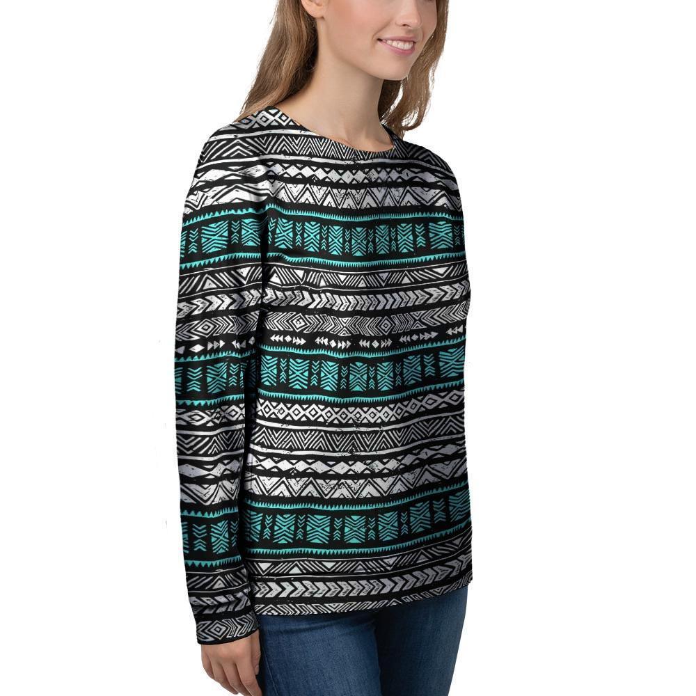 White and Turquoise Tribal Navajo Hand Drawn Women's Sweatshirt-grizzshop