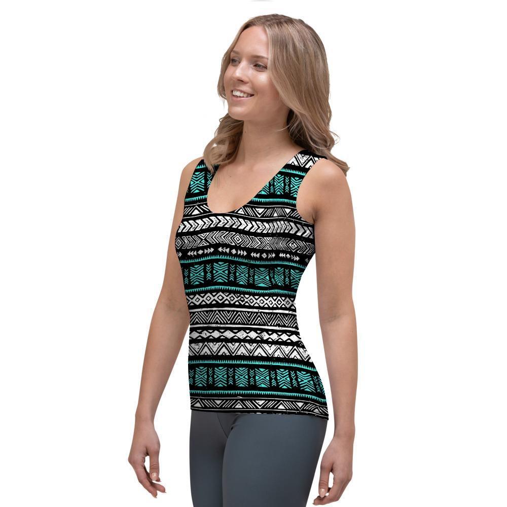 White and Turquoise Tribal Navajo Hand Drawn Women's Tank Top-grizzshop