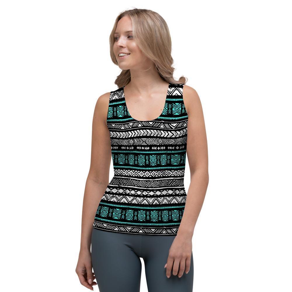 White and Turquoise Tribal Navajo Hand Drawn Women's Tank Top-grizzshop