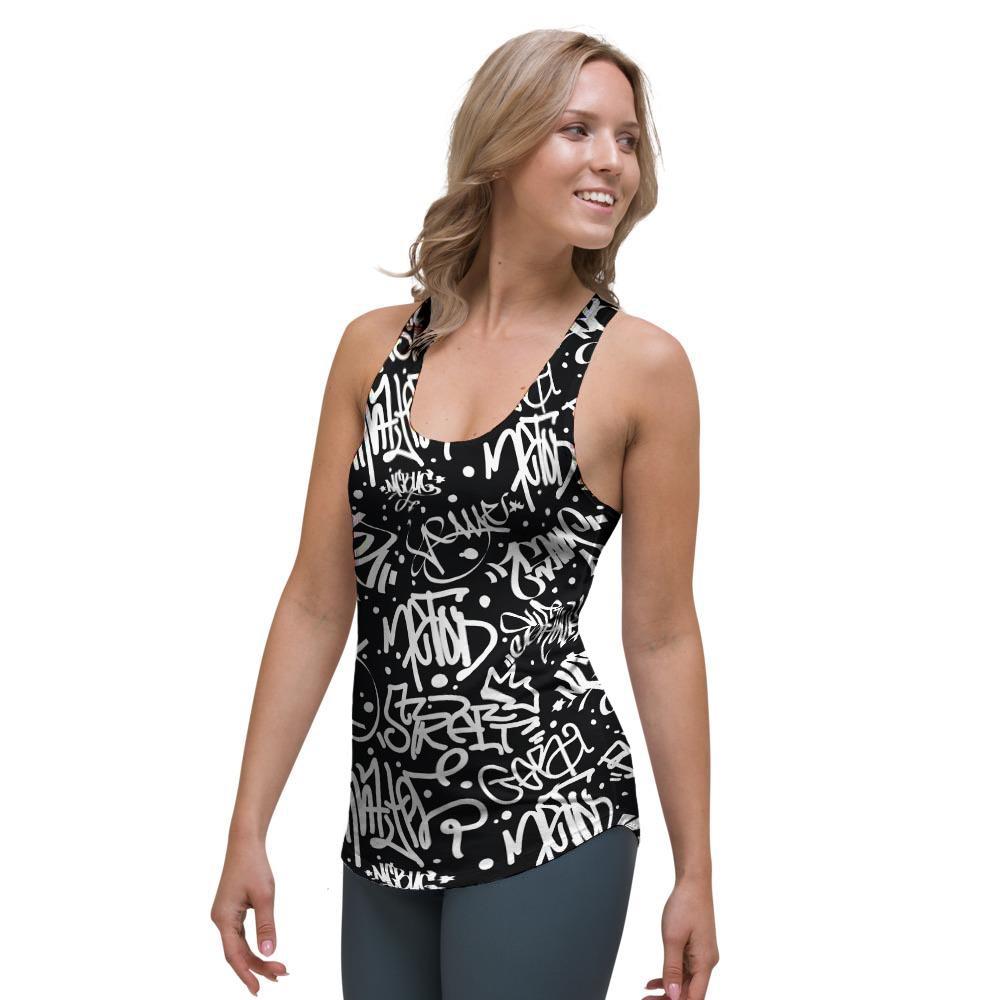 White And Black Graffiti Doodle Text Print Women's Racerback Tank Top-grizzshop