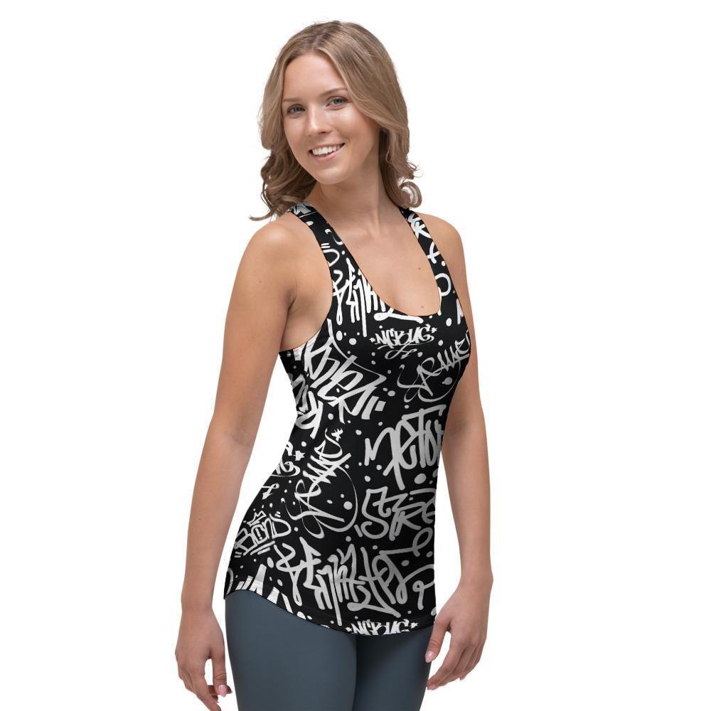 White And Black Graffiti Doodle Text Print Women's Racerback Tank Top-grizzshop