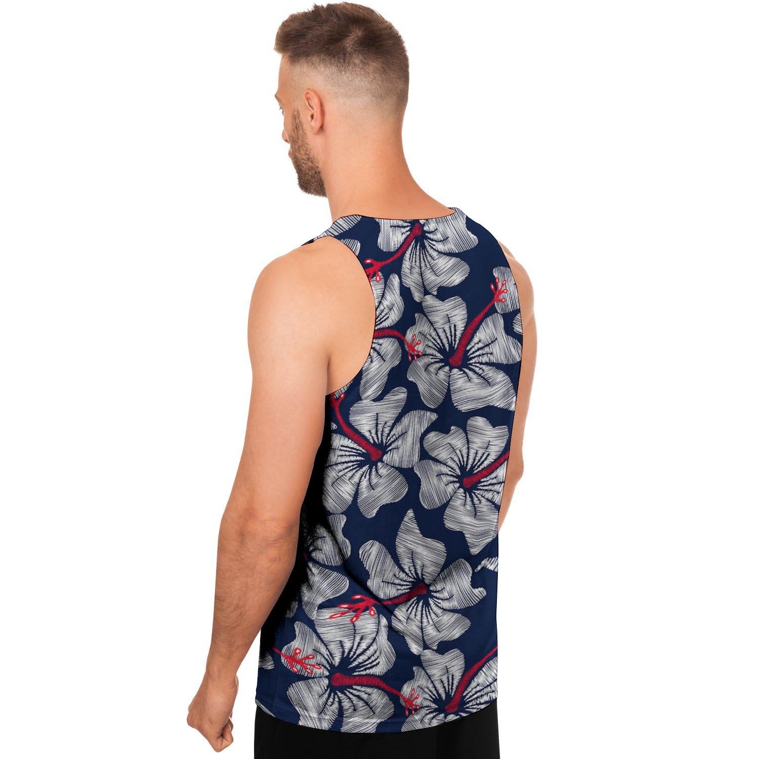 White Hibiscus Tropical Floral Hawaiian Print Men's Tank Tops-grizzshop