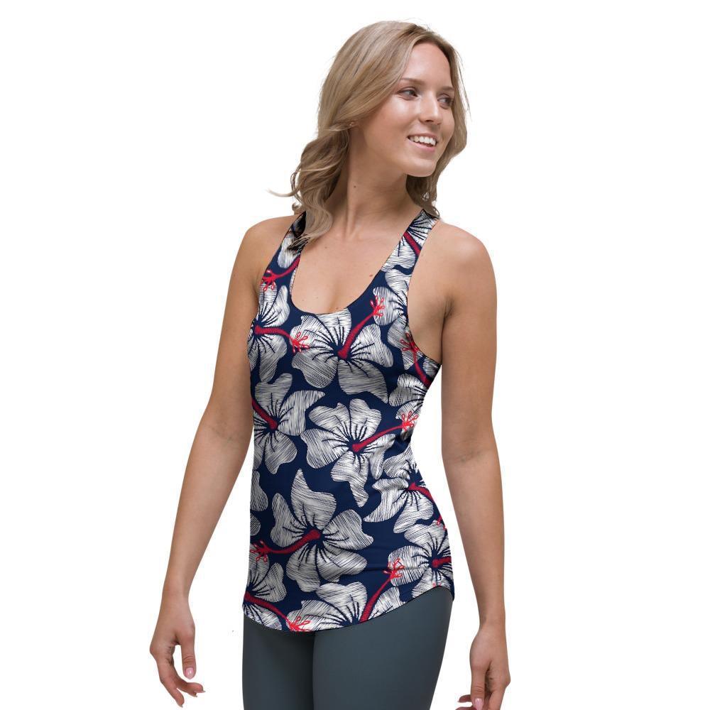 White Hibiscus Tropical Floral Hawaiian Print Women's Racerback Tank Top-grizzshop