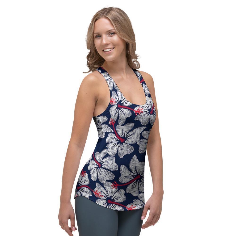 White Hibiscus Tropical Floral Hawaiian Print Women's Racerback Tank Top-grizzshop