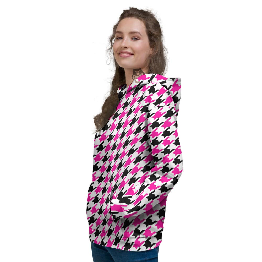 White Pink And Black Houndstooth Print Women's Hoodie-grizzshop
