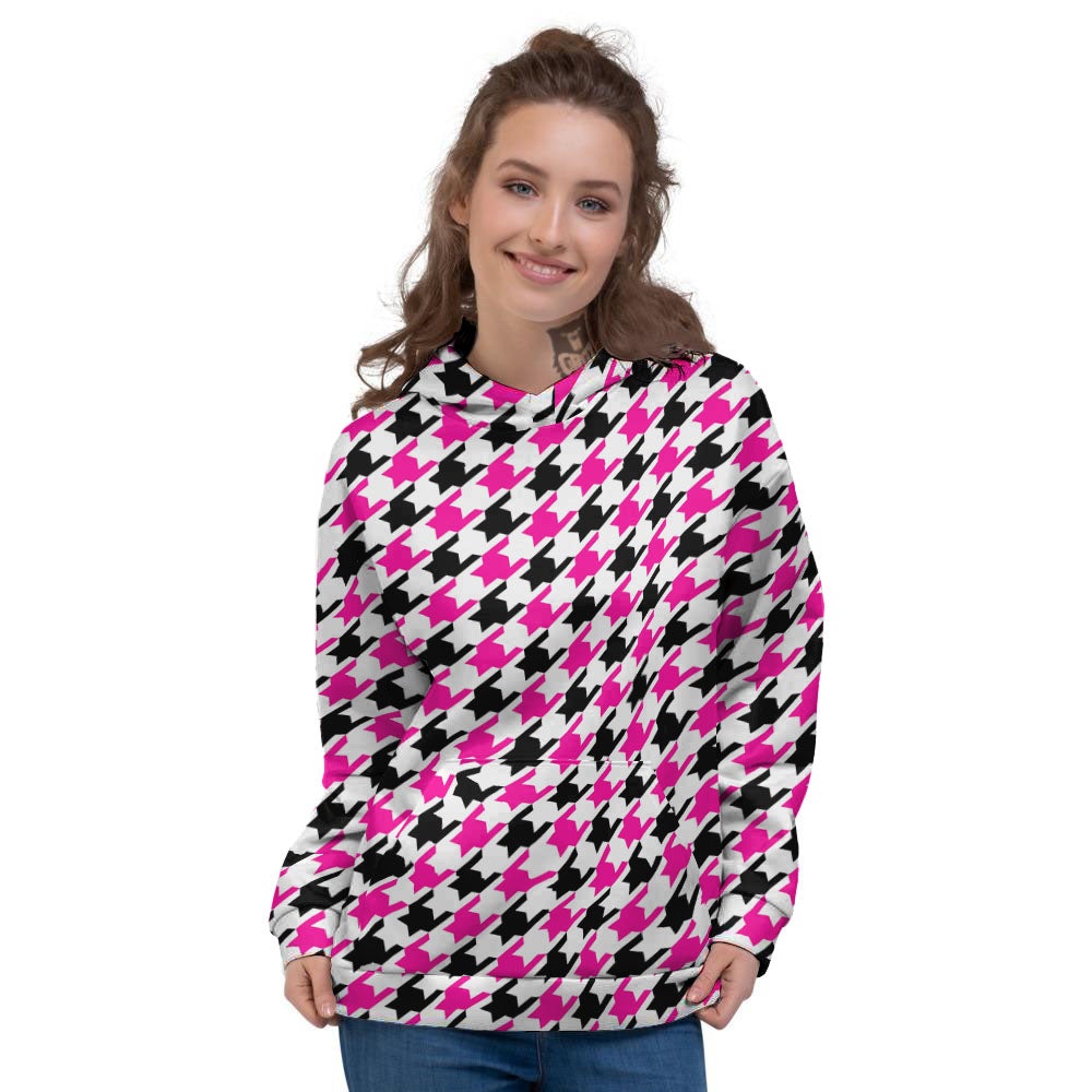 White Pink And Black Houndstooth Print Women's Hoodie-grizzshop
