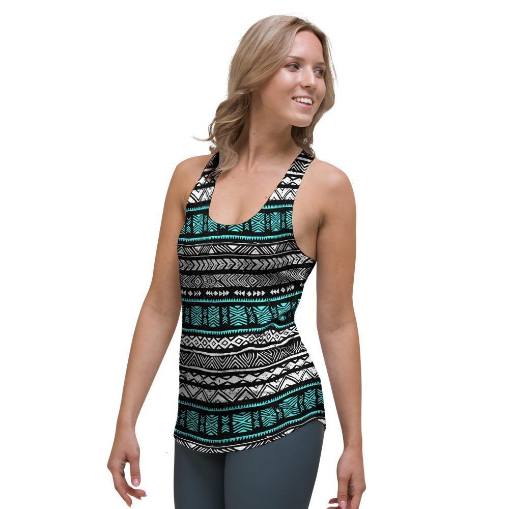 White and Turquoise Tribal Navajo Hand Drawn Women's Racerback Tank Top-grizzshop