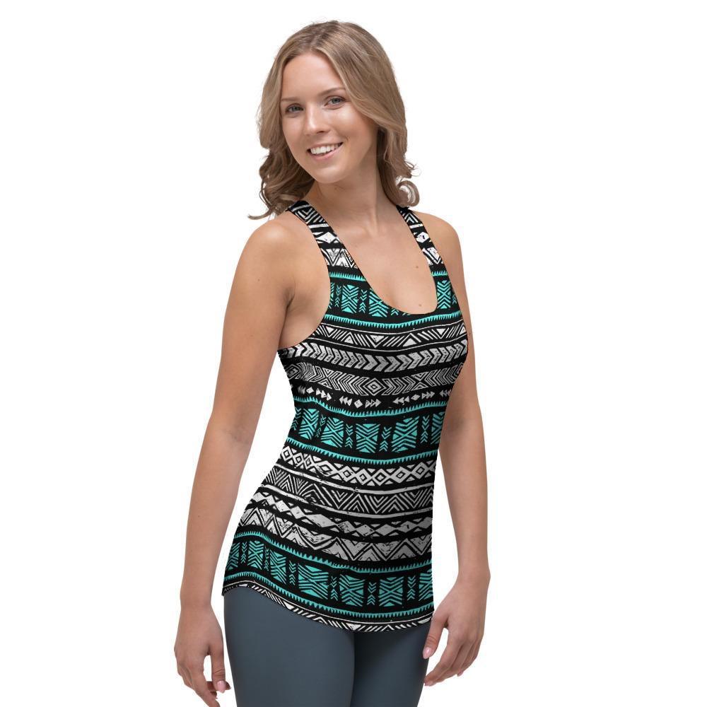 White and Turquoise Tribal Navajo Hand Drawn Women's Racerback Tank Top-grizzshop