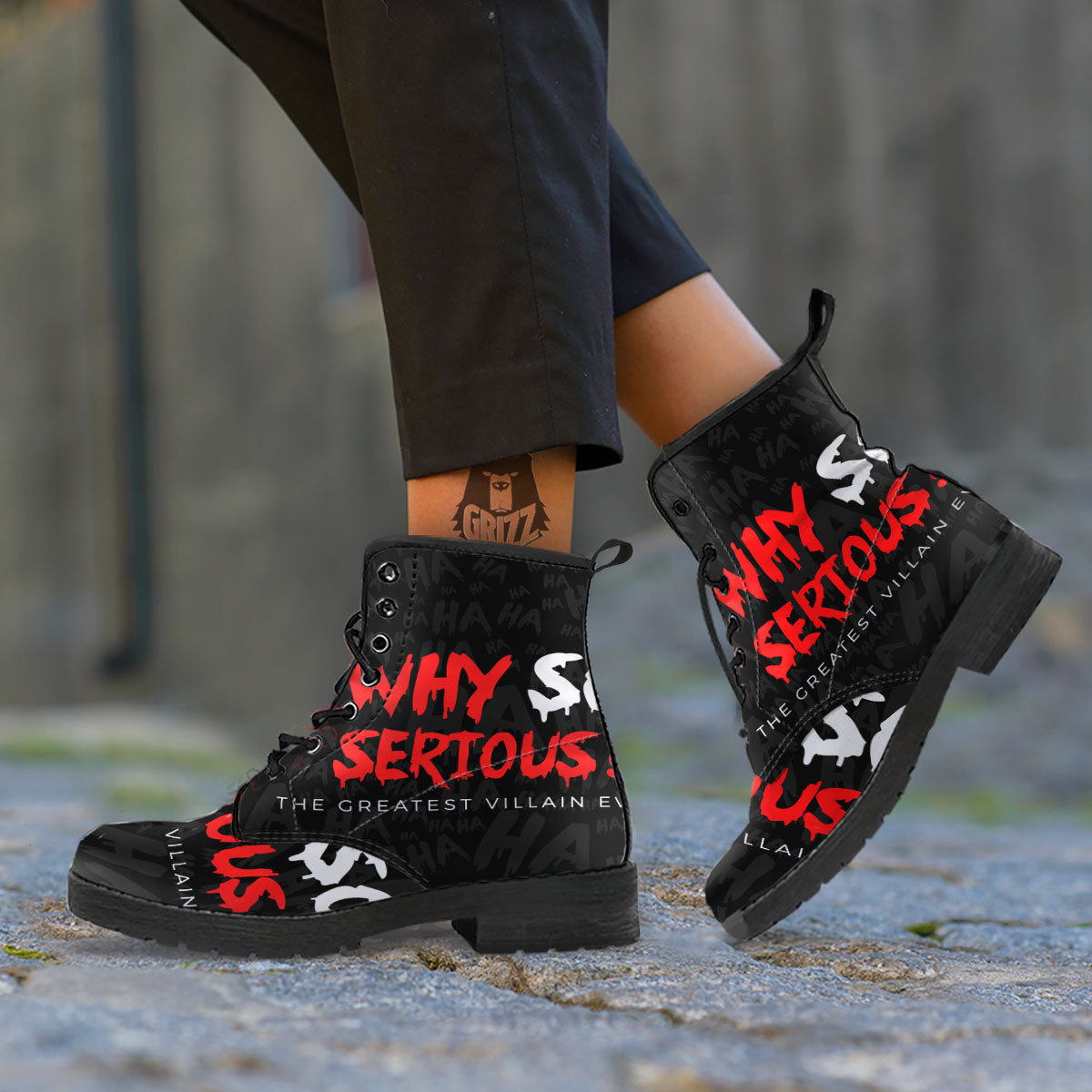 Why So Serious Laughing Joker Print Leather Boots-grizzshop