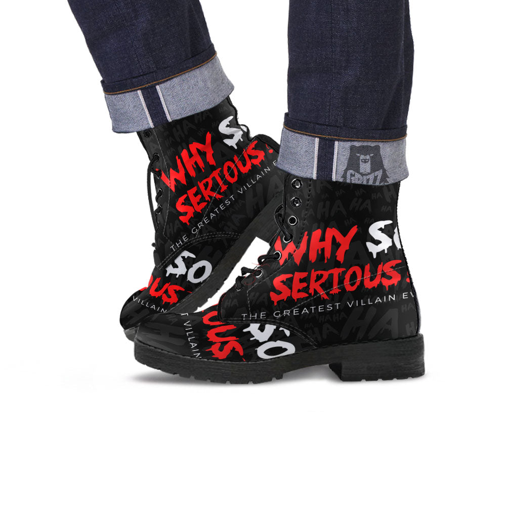 Why So Serious Laughing Joker Print Leather Boots-grizzshop