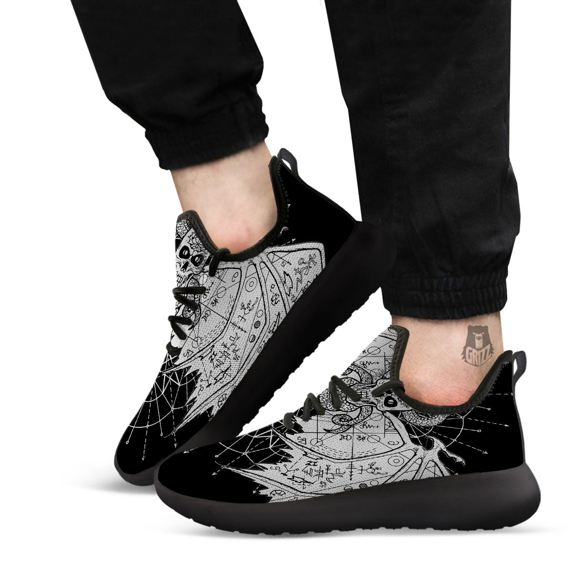 Wicca Devil Skull White And Black Print Black Athletic Shoes-grizzshop