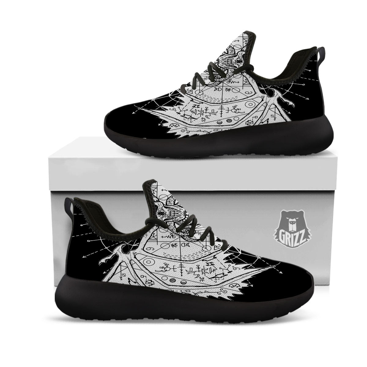 Wicca Devil Skull White And Black Print Black Athletic Shoes-grizzshop