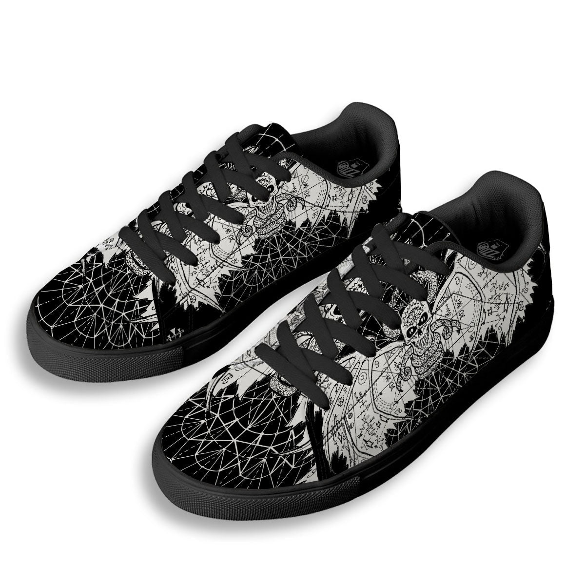 Wicca Devil Skull White And Black Print Black Low Top Sneakers-grizzshop