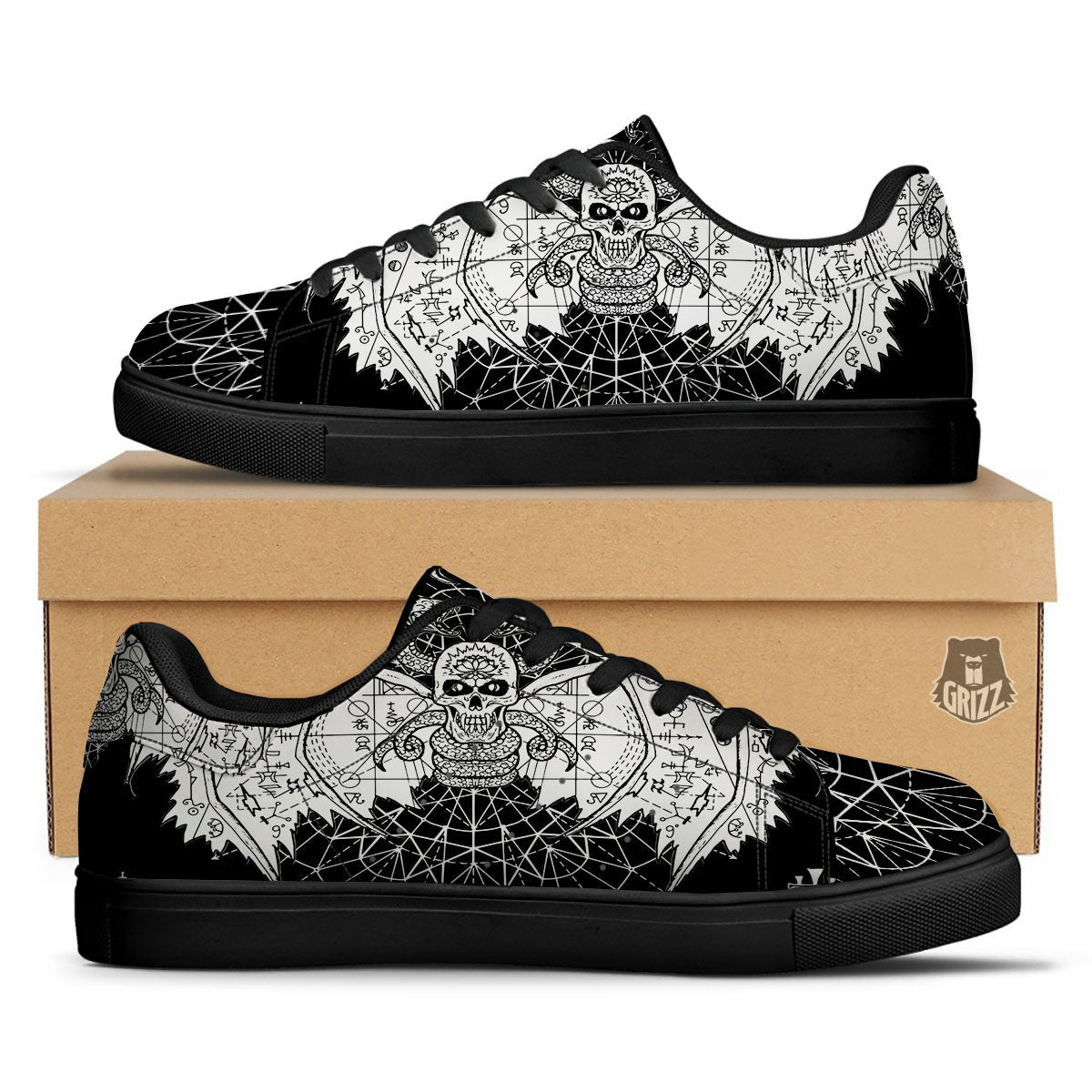 Wicca Devil Skull White And Black Print Black Low Top Sneakers-grizzshop