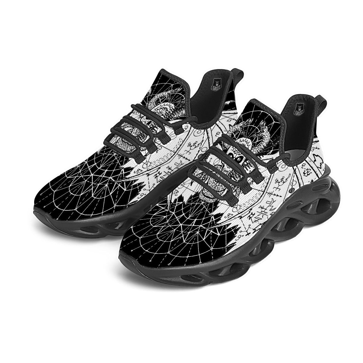 Wicca Devil Skull White And Black Print Black Running Shoes-grizzshop
