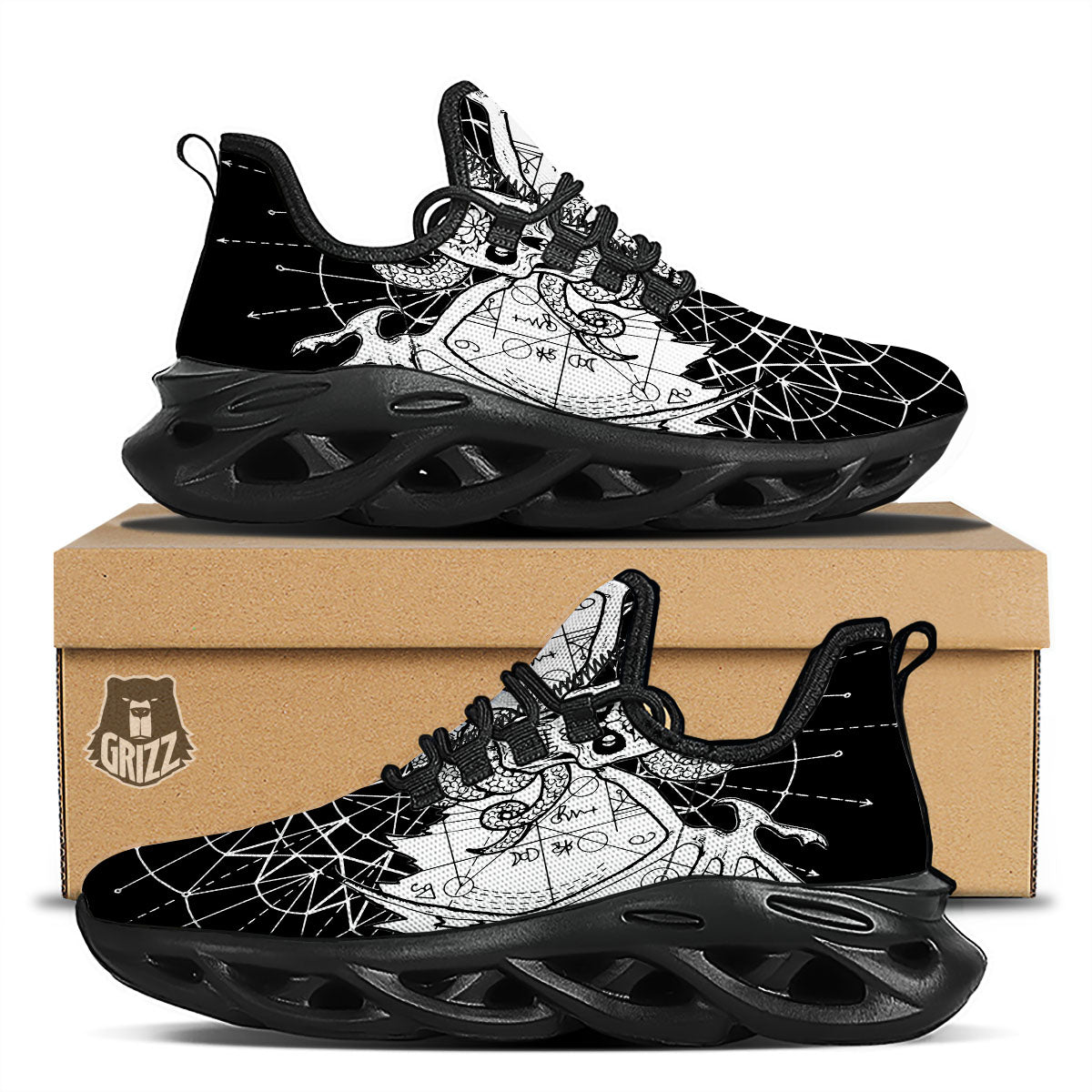 Wicca Devil Skull White And Black Print Black Running Shoes-grizzshop