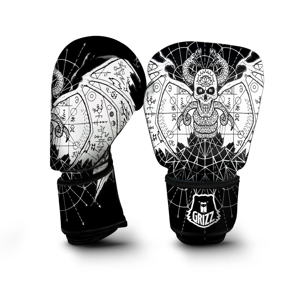 Wicca Devil Skull White And Black Print Boxing Gloves-grizzshop