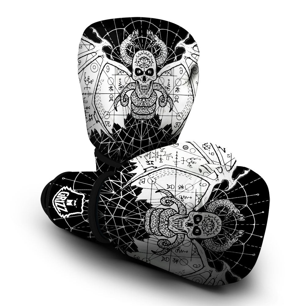 Wicca Devil Skull White And Black Print Boxing Gloves-grizzshop