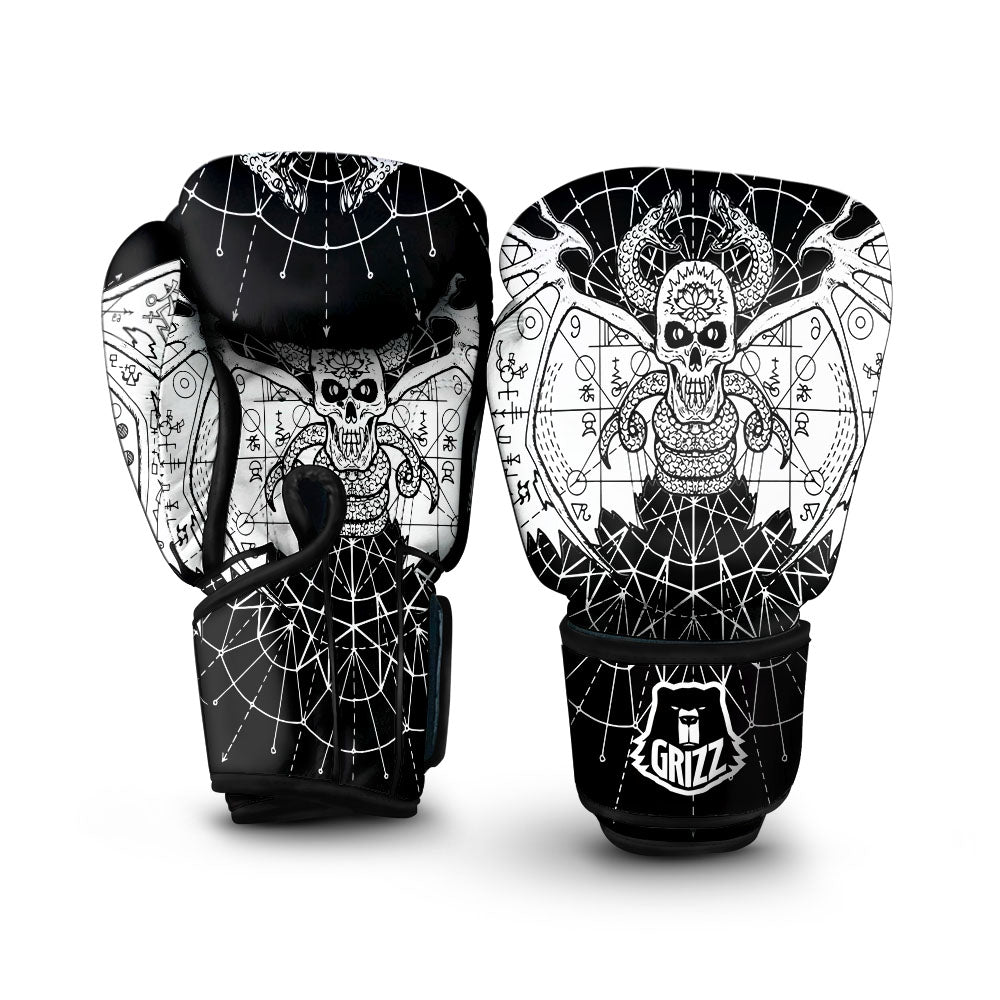 Wicca Devil Skull White And Black Print Boxing Gloves-grizzshop