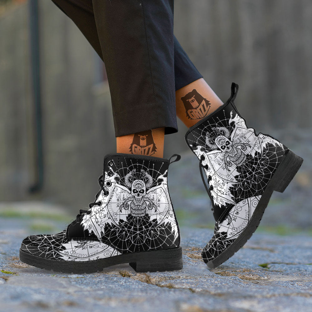 Wicca Devil Skull White And Black Print Leather Boots-grizzshop
