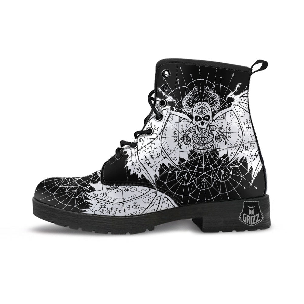 Wicca Devil Skull White And Black Print Leather Boots-grizzshop
