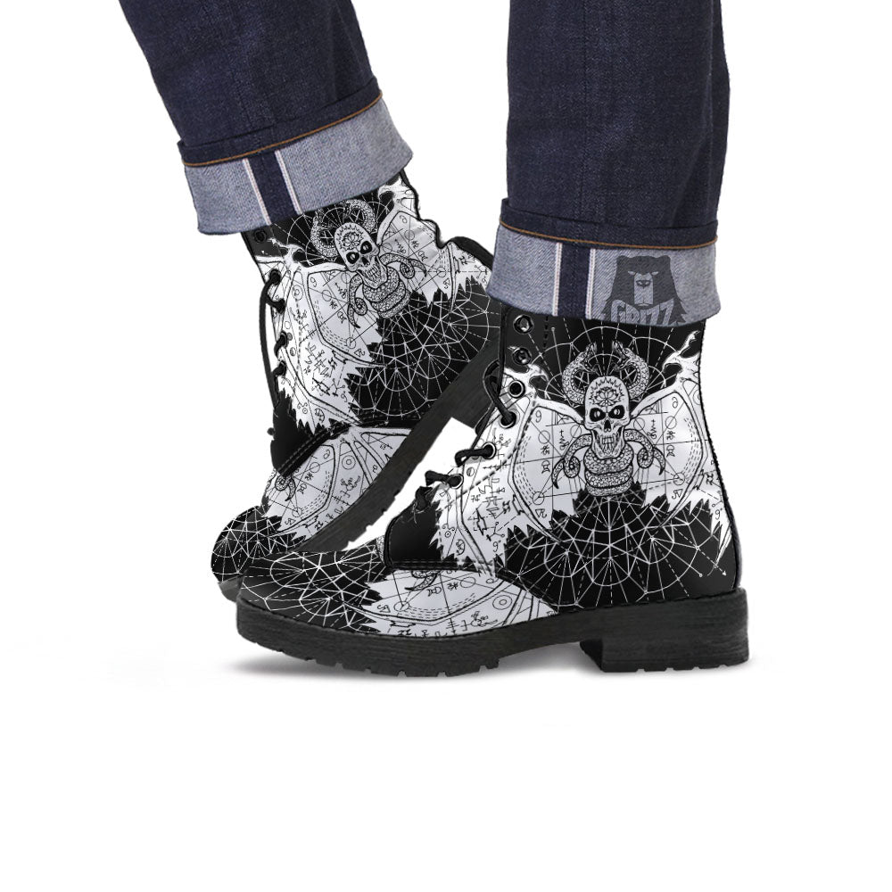 Wicca Devil Skull White And Black Print Leather Boots-grizzshop