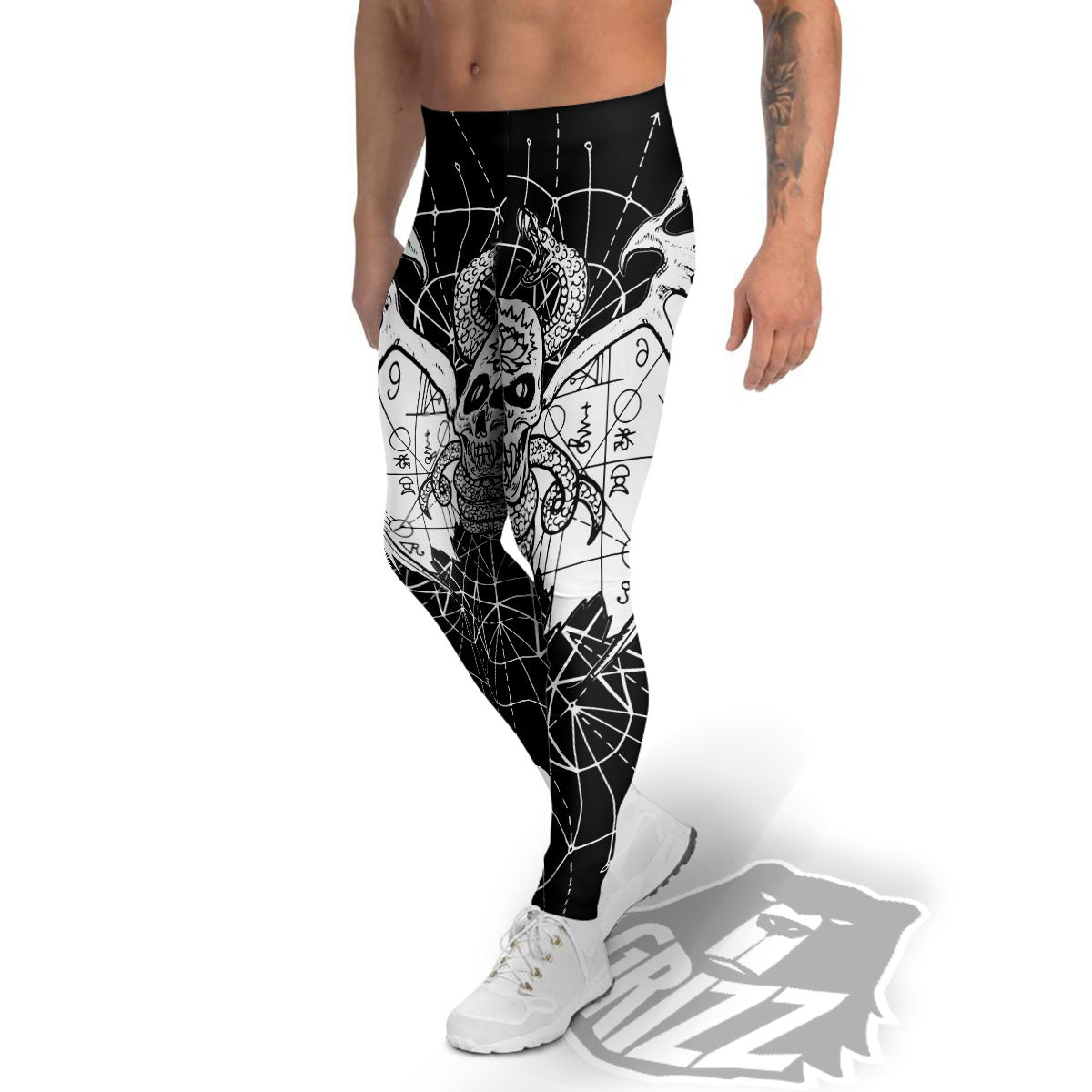 Wicca Devil Skull White And Black Print Men's Leggings-grizzshop